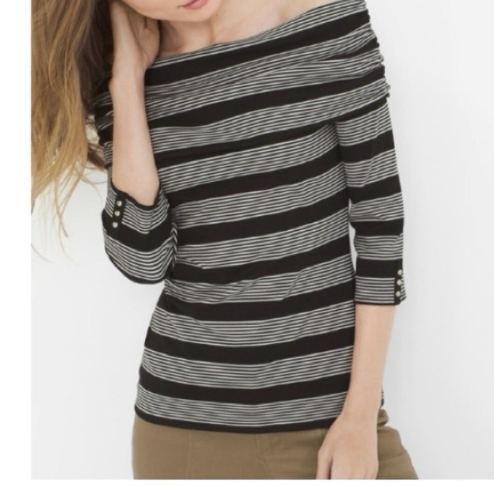 WHBM Black & White Stripe Off-The-Shoulder Ruched Sleeve Top L